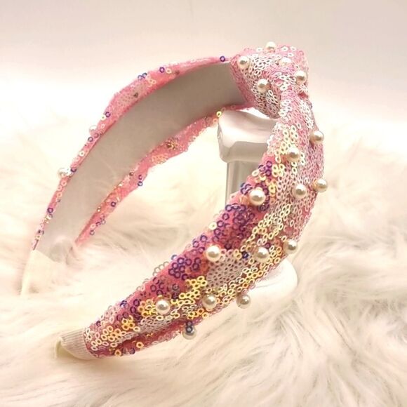 New PINK HEARTS SEQUIN PEARL JEWELED HEADBAND - Picture 3 of 5